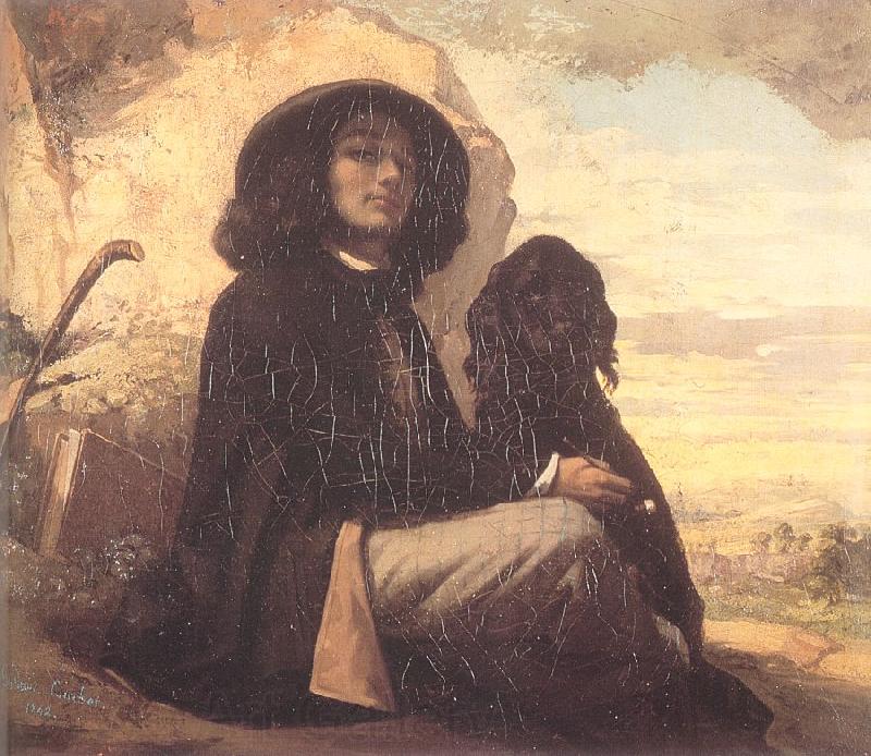 Courbet, Gustave Self-Portrait (Courbet with a Black Dog) Norge oil painting art